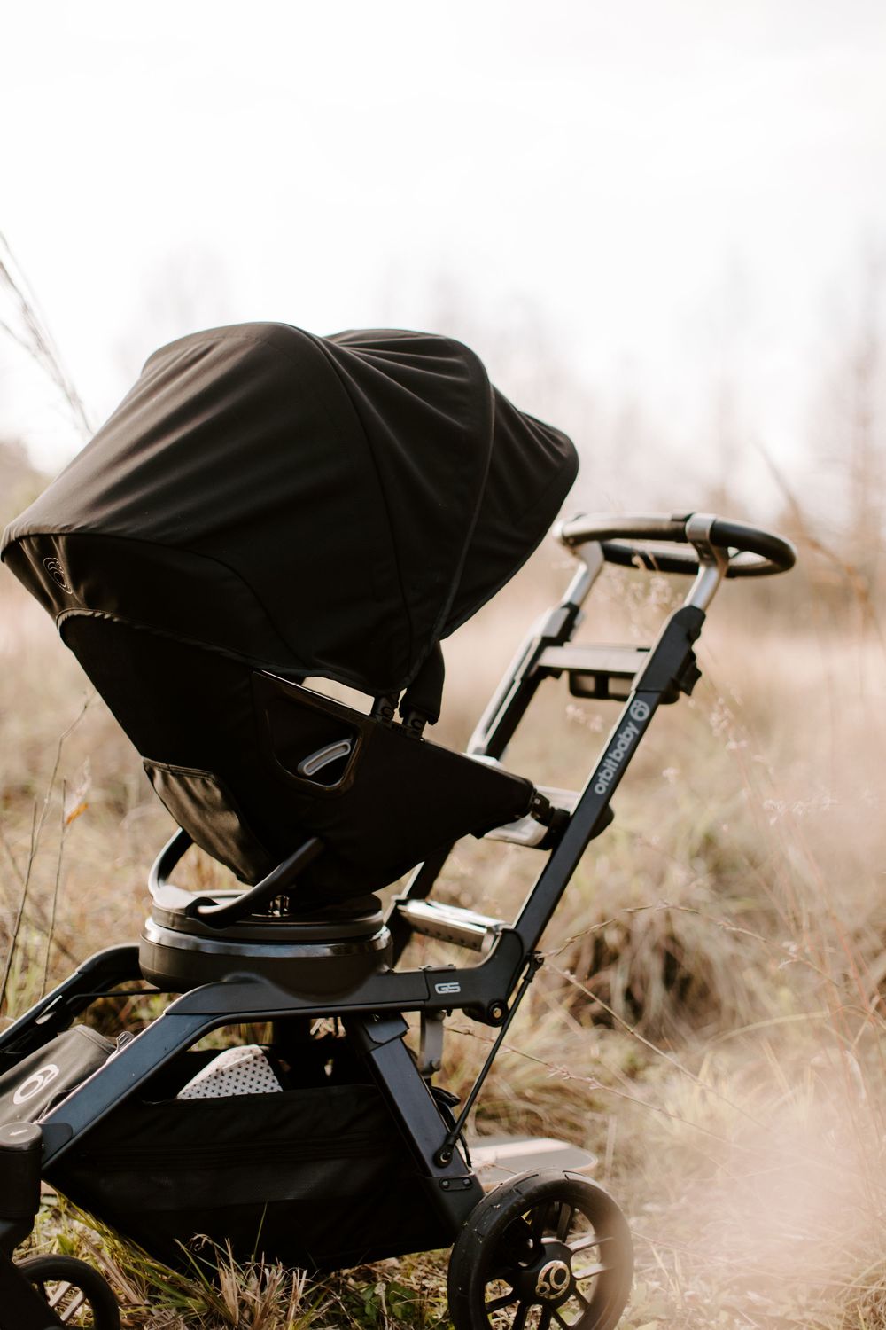 Black stroller silhouetted against a misty outdoor background in natural lighting.