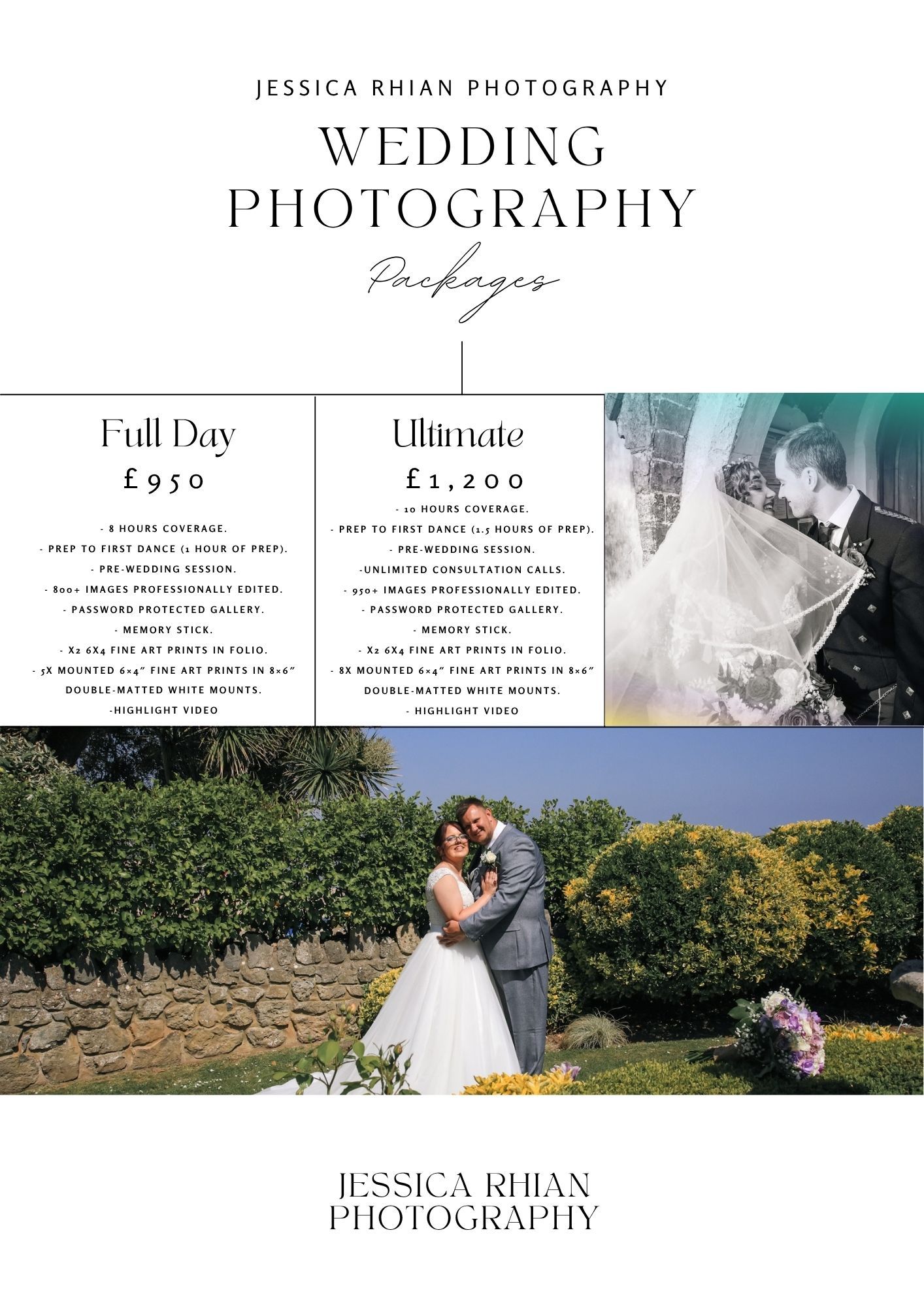 Jessica Rhian Photography wedding packages brochure showing Full Day £950 and Ultimate £1200 options with couple photos.