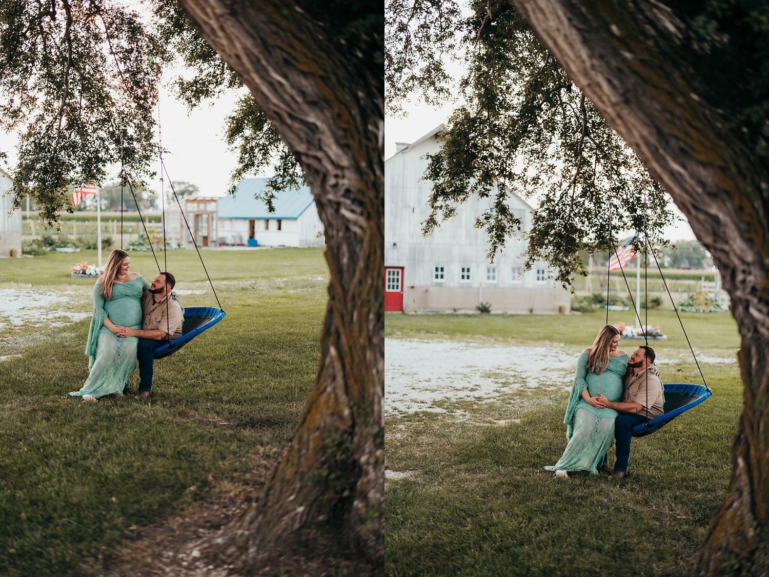 Couple sharing a romantic moment on a tree swing in a lush green yard, maternity photo session outdoors.
