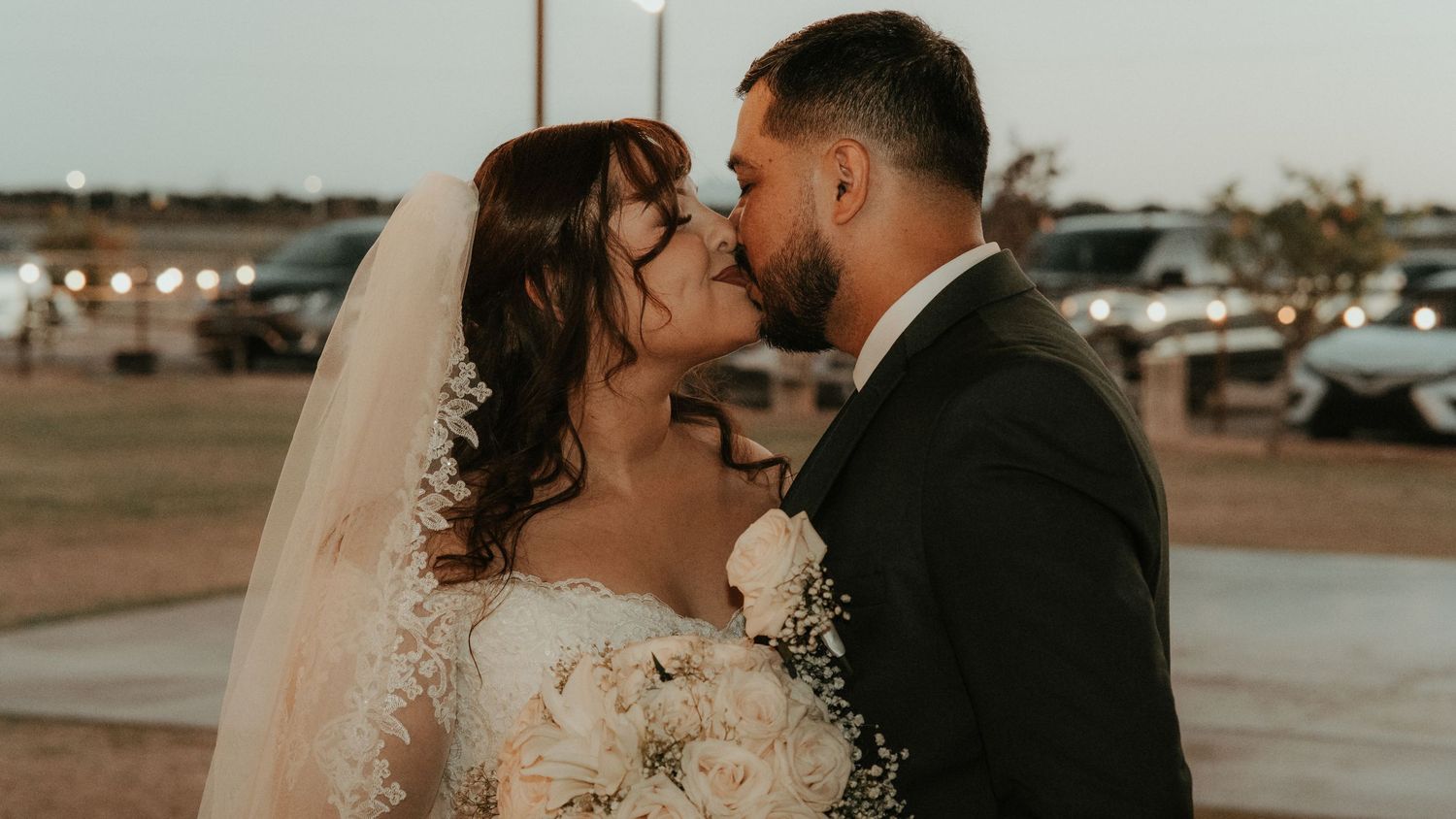 A romantic wedding photo collage showing intimate moments between newlyweds in an outdoor setting at sunset.