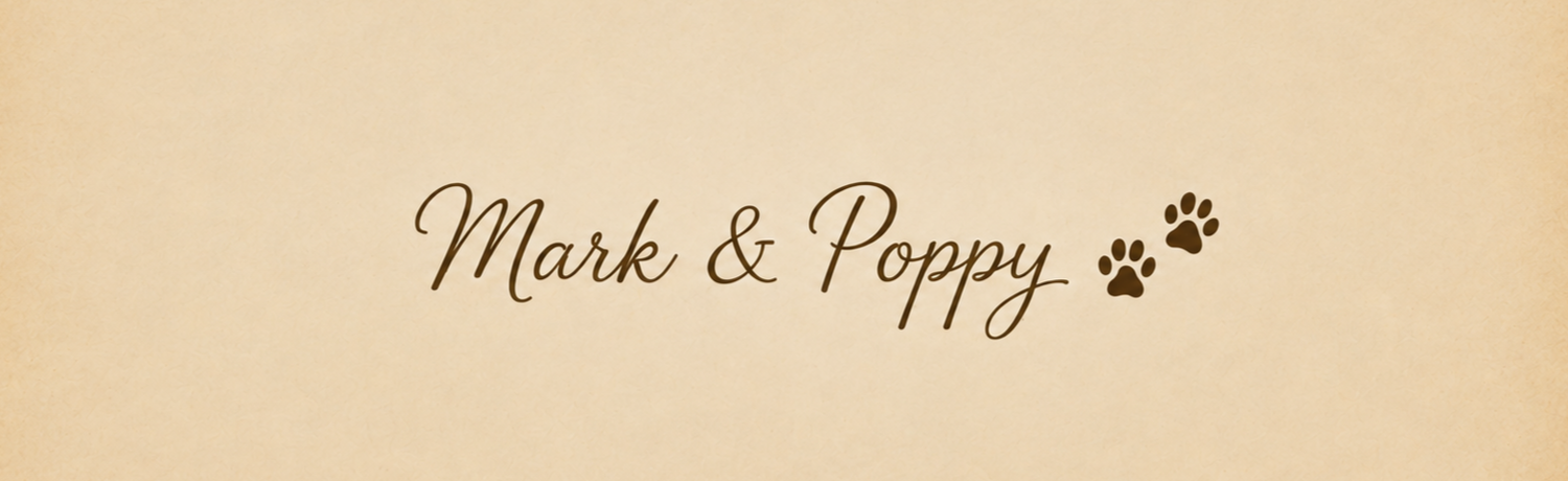 Mark & Poppy brand logo with elegant script text and decorative paw prints on a warm beige background.