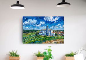 Van Gogh-style painting of a hilltop church with swirling blue skies and lush green fields displayed on a white wall.