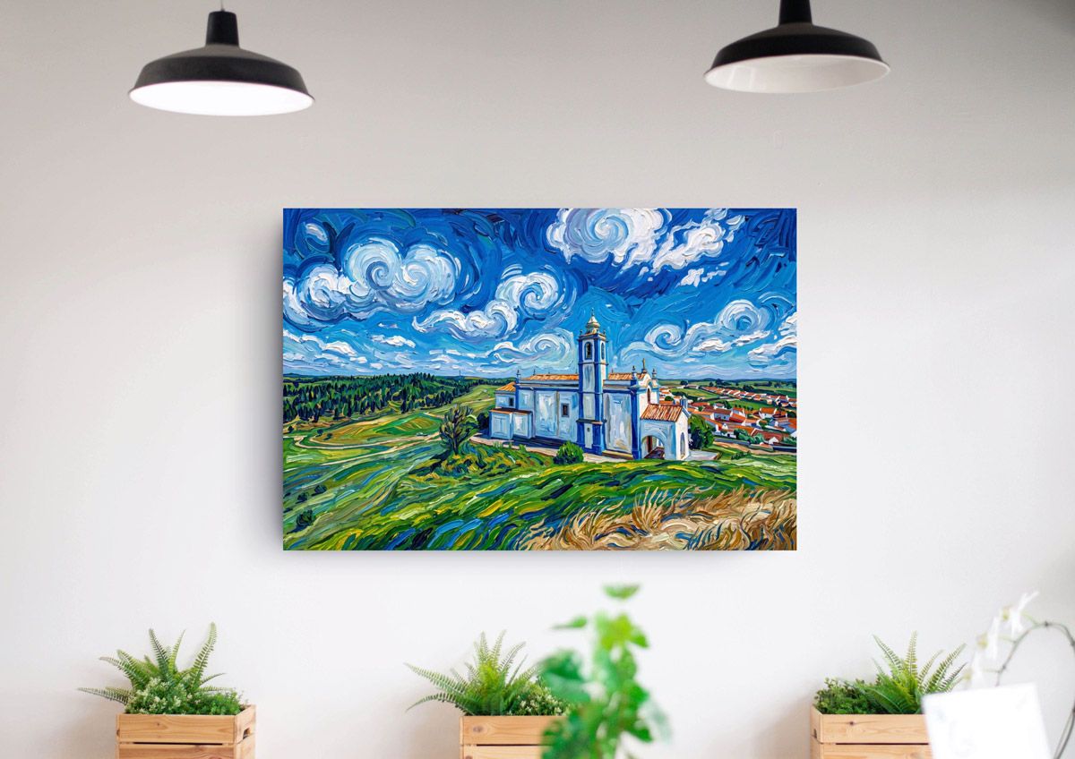 Van Gogh-style painting of a hilltop church with swirling blue skies and lush green fields displayed on a white wall.