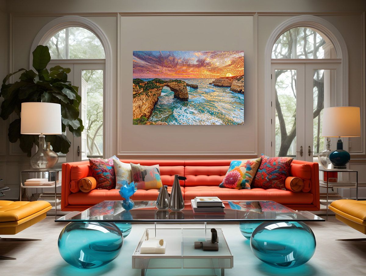 Vibrant living room with orange sofa, teal coffee tables, and coastal sunset canvas art above.