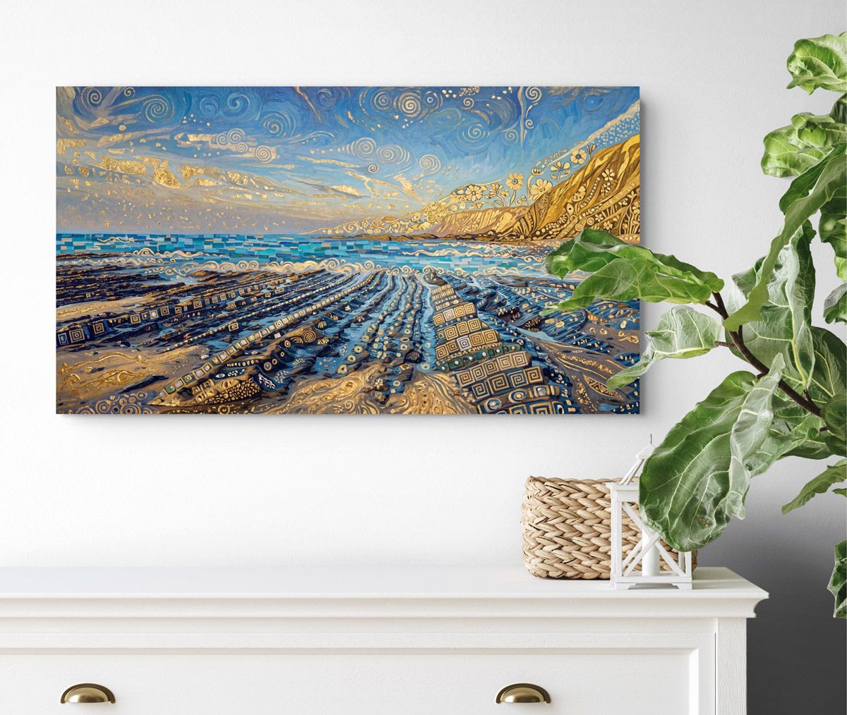 Impressionist-style canvas wall art of a rocky beach with ocean waves, displayed above a white dresser with a plant nearby.