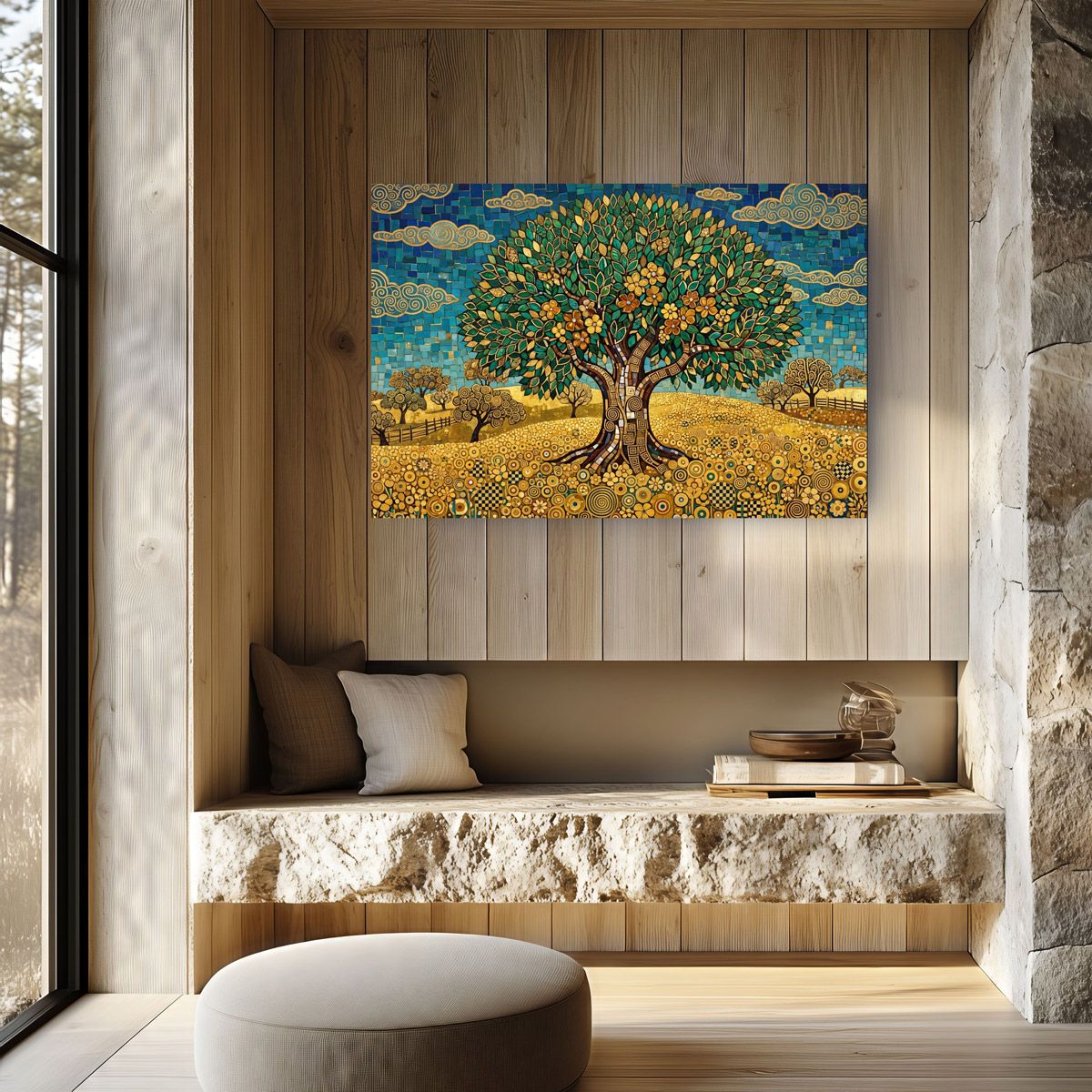 Vibrant mosaic-style painting of a golden fruit tree in a sunflower field, displayed on a rustic wood-paneled wall.