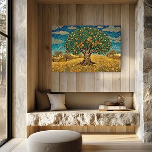 Vibrant mosaic-style painting of a golden fruit tree in a sunflower field, displayed on a rustic wood-paneled wall.