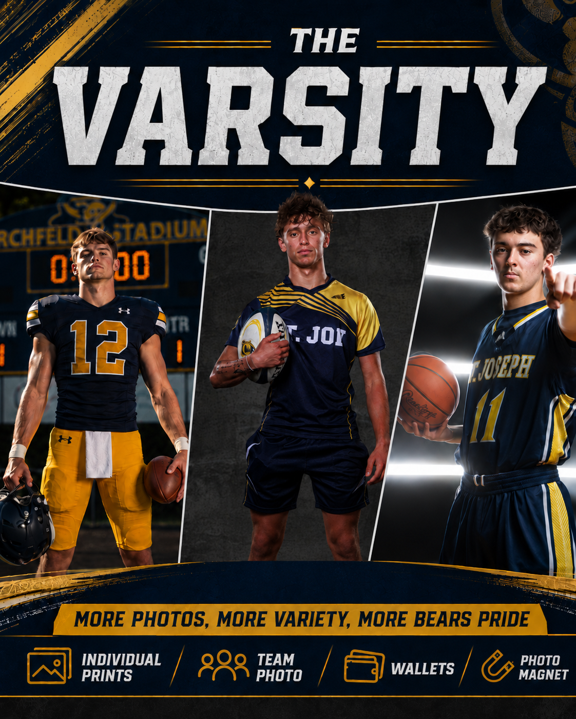 Varsity sports photo package featuring three athletes in blue and gold uniforms with print, wallet, and magnet options.