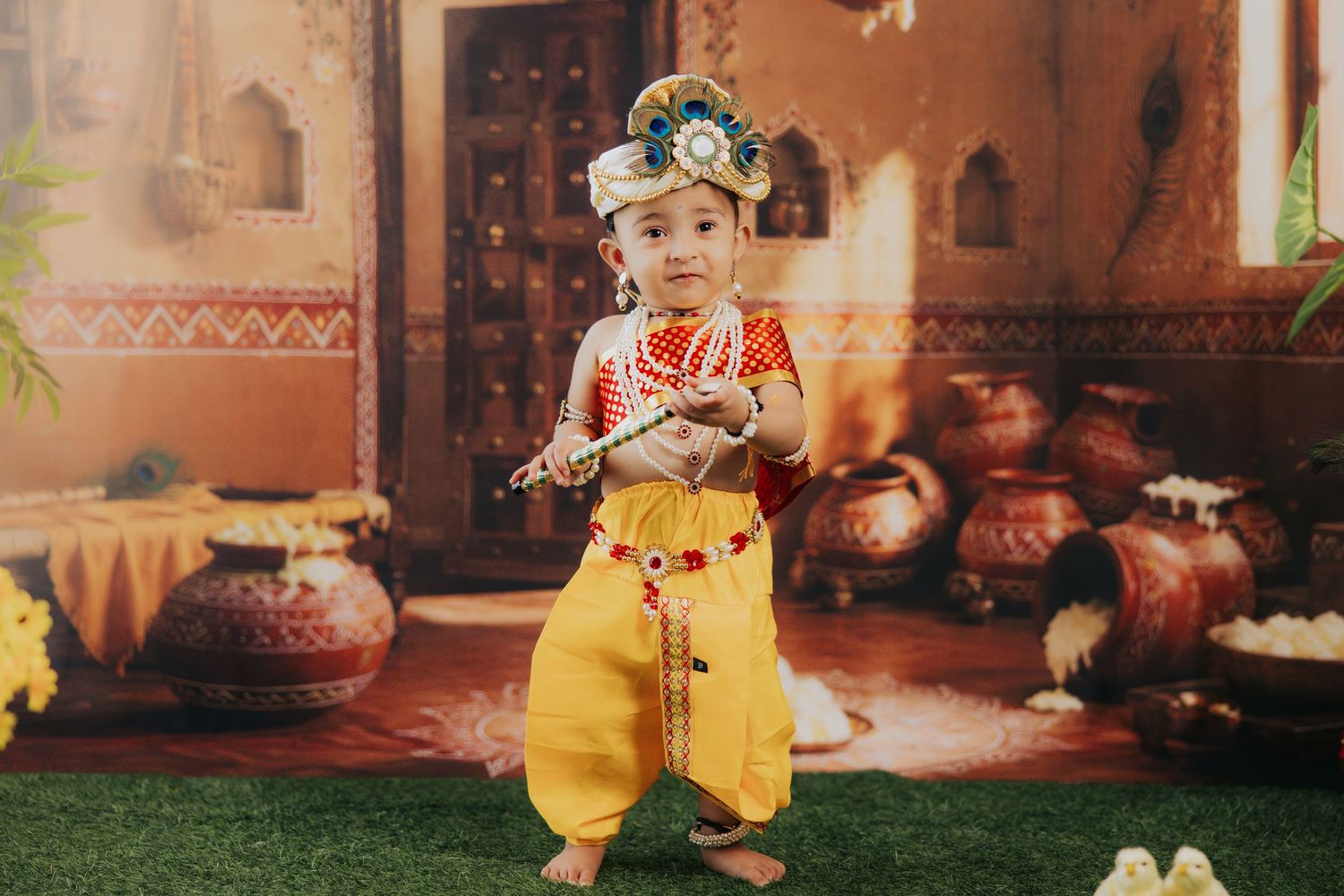 Toddler dressed as Lord Krishna in yellow dhoti and floral crown, holding a flute in a festive Indian setting.