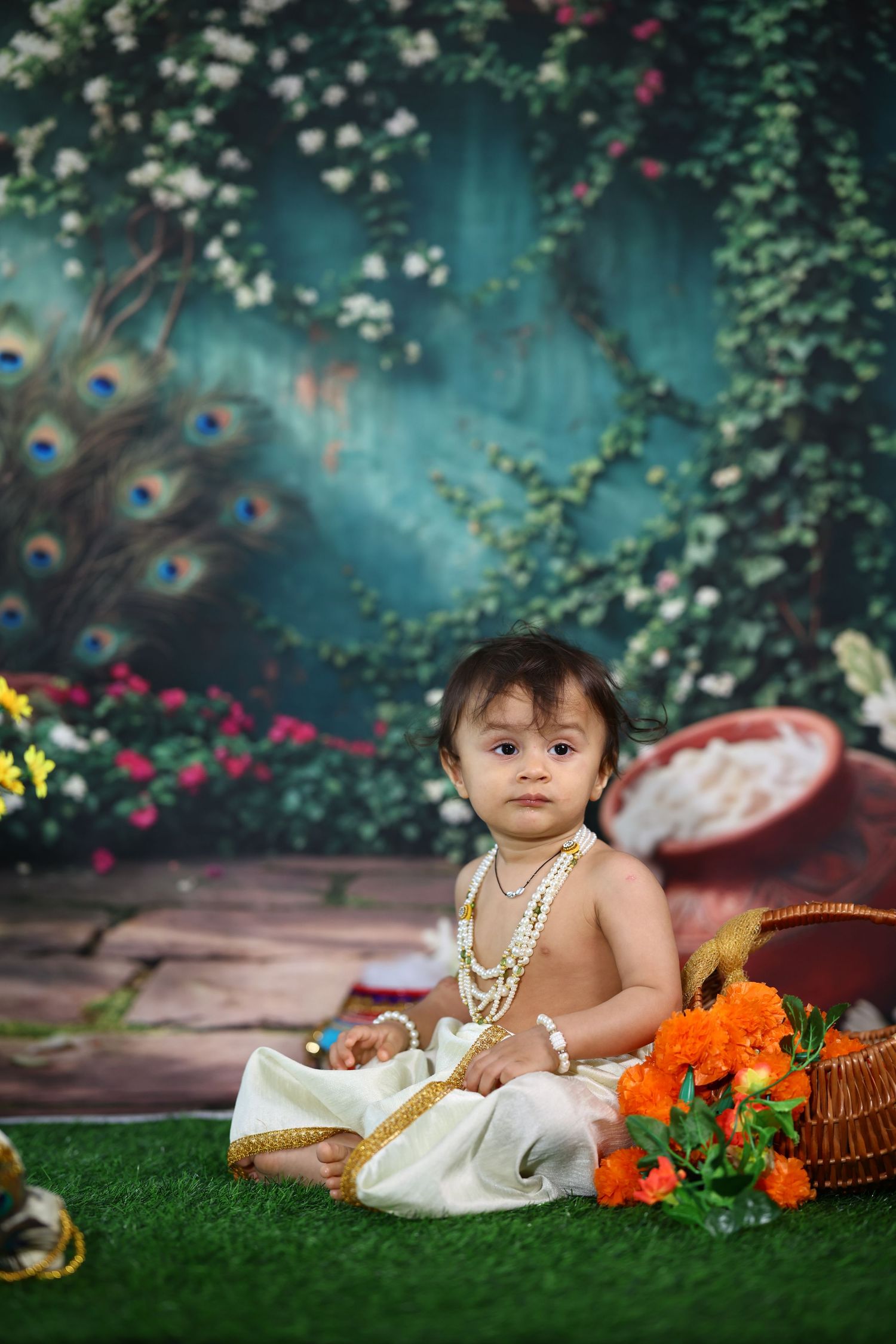 Baby dressed as Lord Krishna with pearl necklace sits on grass with marigolds and peacock feather backdrop.