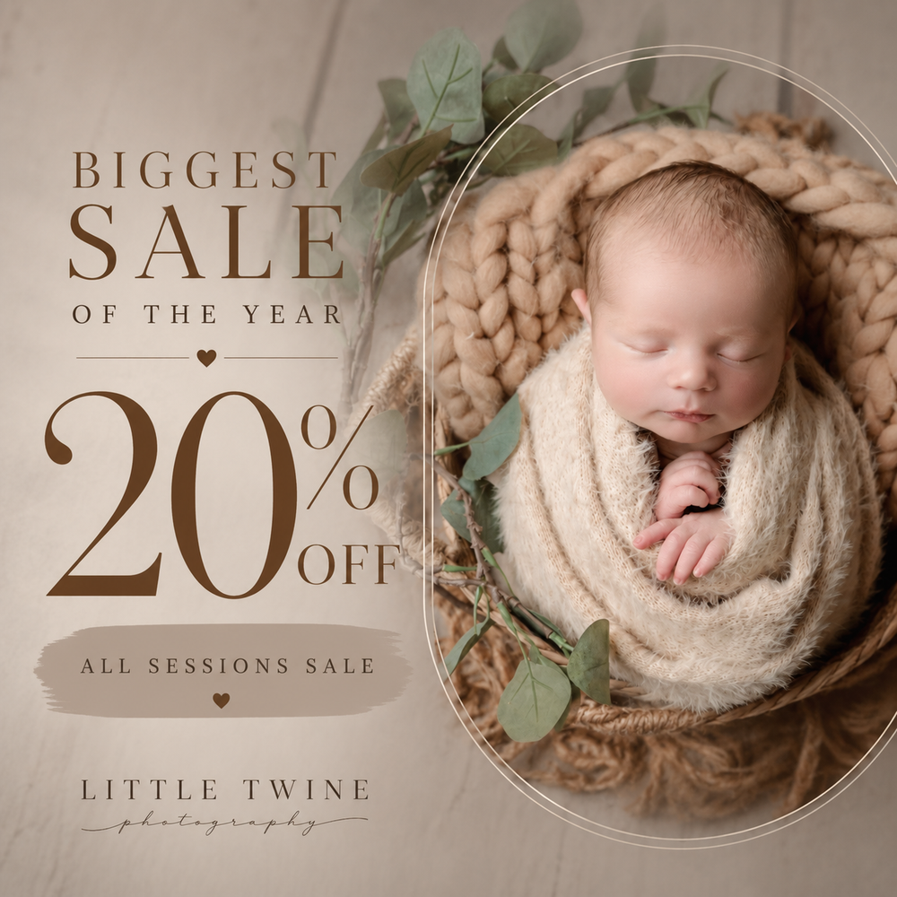 Little Twine Photography biggest sale of the year, 20% off all sessions, featuring a sleeping newborn baby wrapped in cream knit.