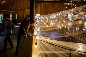 People arranging sheer fabric and string lights in a warmly lit rustic barn venue during event setup.