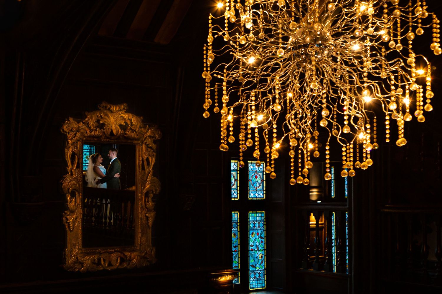 bride-groom-wedding-mitton-hall-great-hall-mirror-reflection-chandelier-jane-ball-photography