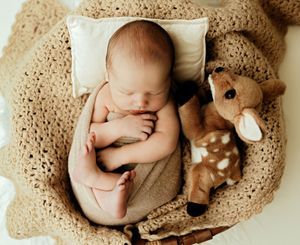 Newborn baby sleeping peacefully in a woven basket with a soft blanket and a plush fawn stuffed animal.
