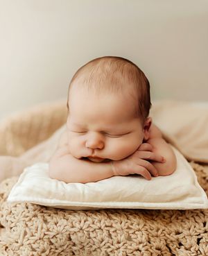 Peaceful newborn baby sleeping on a tiny white pillow atop a cozy beige crochet blanket in a studio portrait.