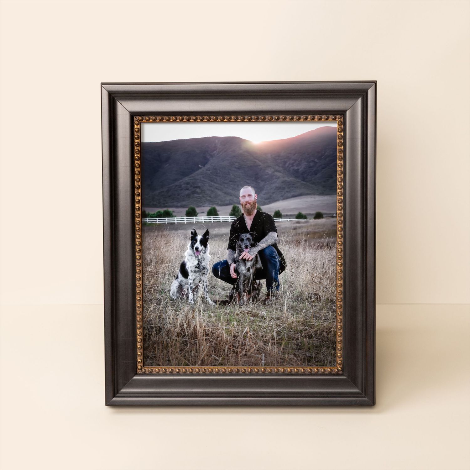 Framed photo of a man kneeling with two dogs in a golden field with rolling hills at sunset.