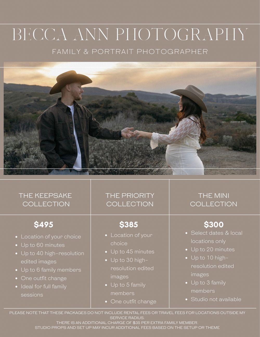 Becca Ann Photography family portrait pricing packages displayed with couple in cowboy hats posing in scenic outdoor desert landscape.