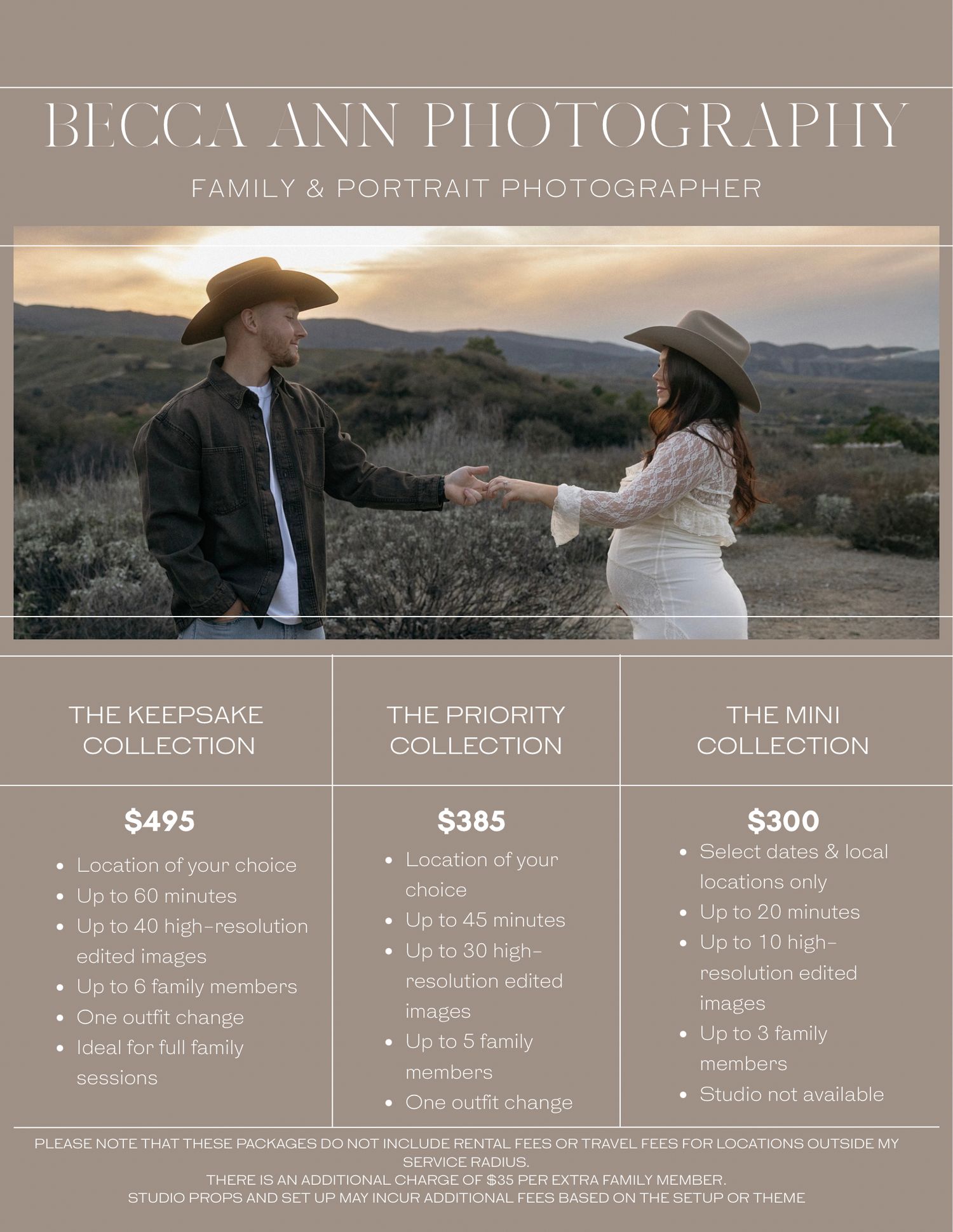 Becca Ann Photography family portrait pricing packages displayed with couple in cowboy hats posing in scenic outdoor desert landscape.