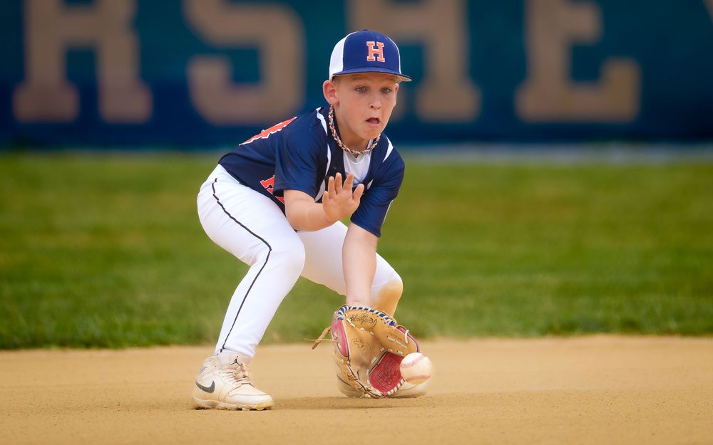 Hershey infielder sets in his fielding stance in Summer Slam baseball, by Deanna Fox, SportsFox Photography based in Hershey PA