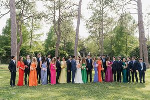 Large wedding party in colorful gowns and suits posing outdoors on green grass with tall pine trees behind them.