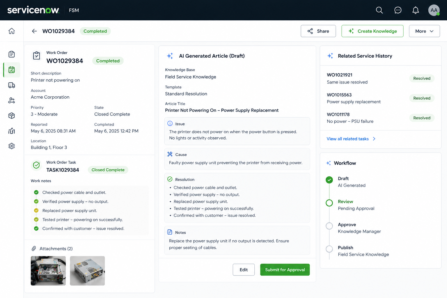 ServiceNow ITSM incident management dashboard showing AI-generated article draft and workflow approval process.