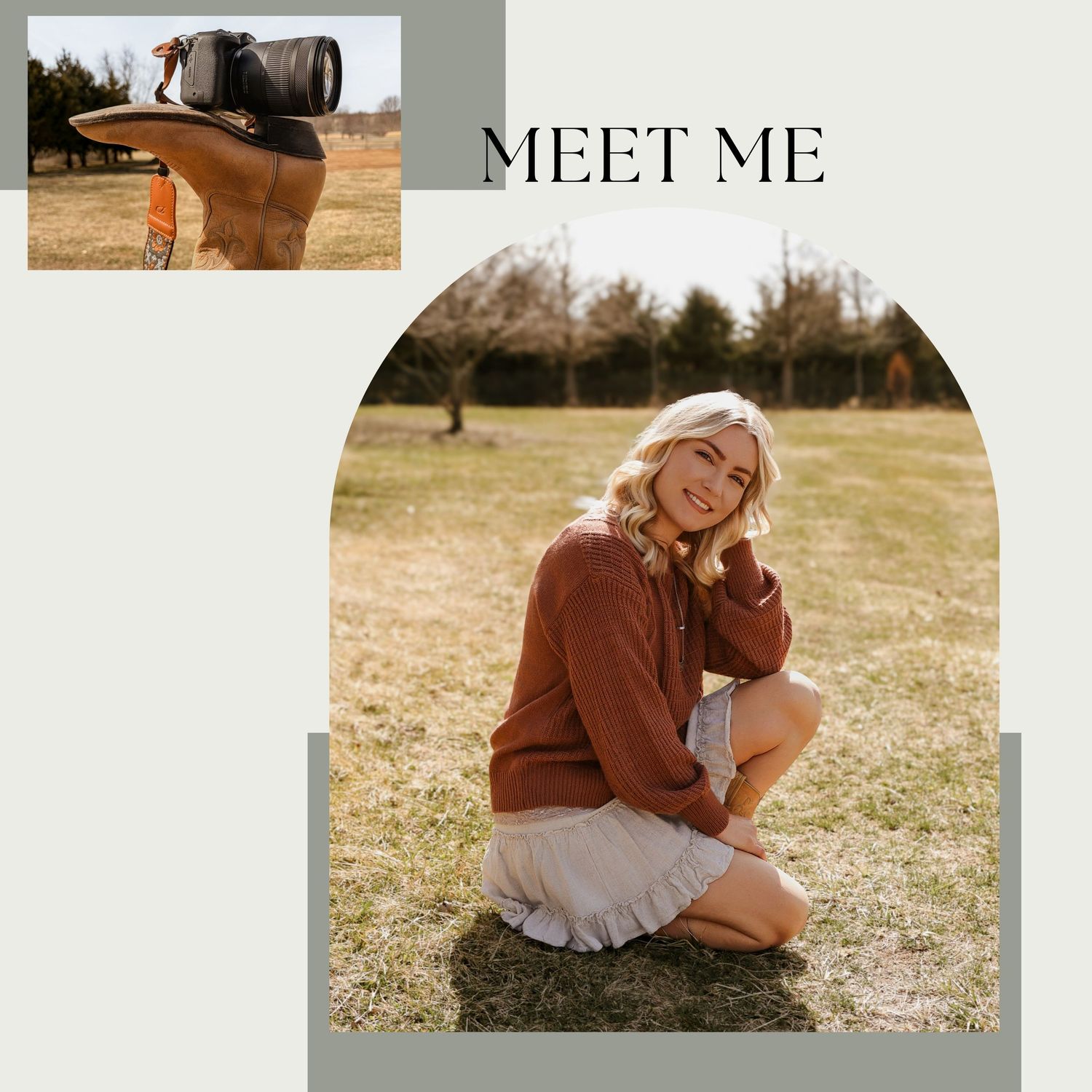 Young blonde woman in brown sweater and white skirt sitting on grass outdoors, with small inset photo of photographer with camera.