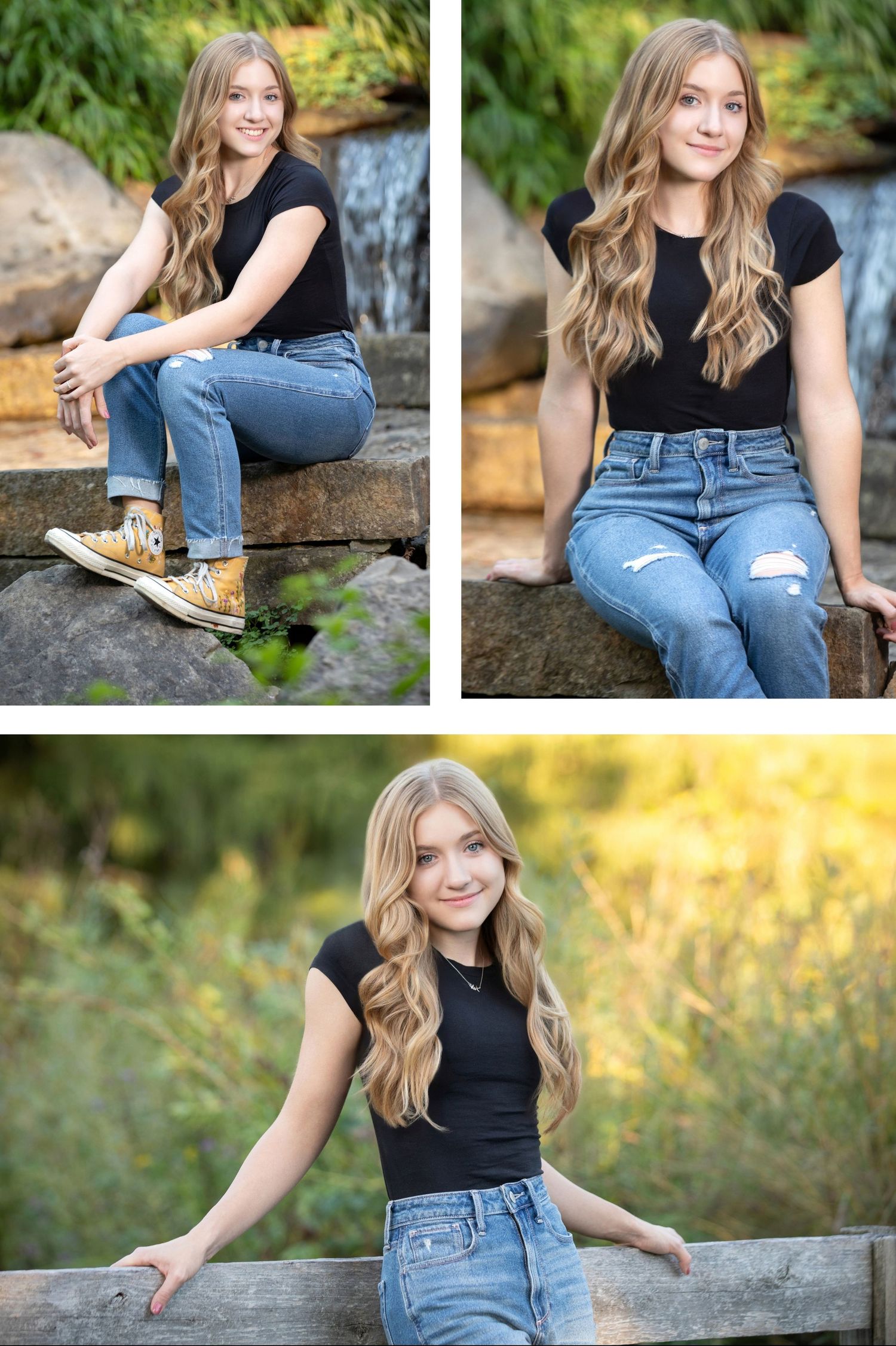 Reynoldsburg senior pictures at Inniswood Metro Gardens featuring jeans, yellow Converse, and lush greenery.
