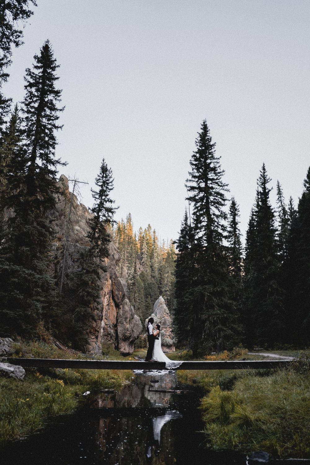 Bride and groom standing on a reflective stream bridge surrounded by tall pine trees and rocky cliffs in Jemez Wilderness