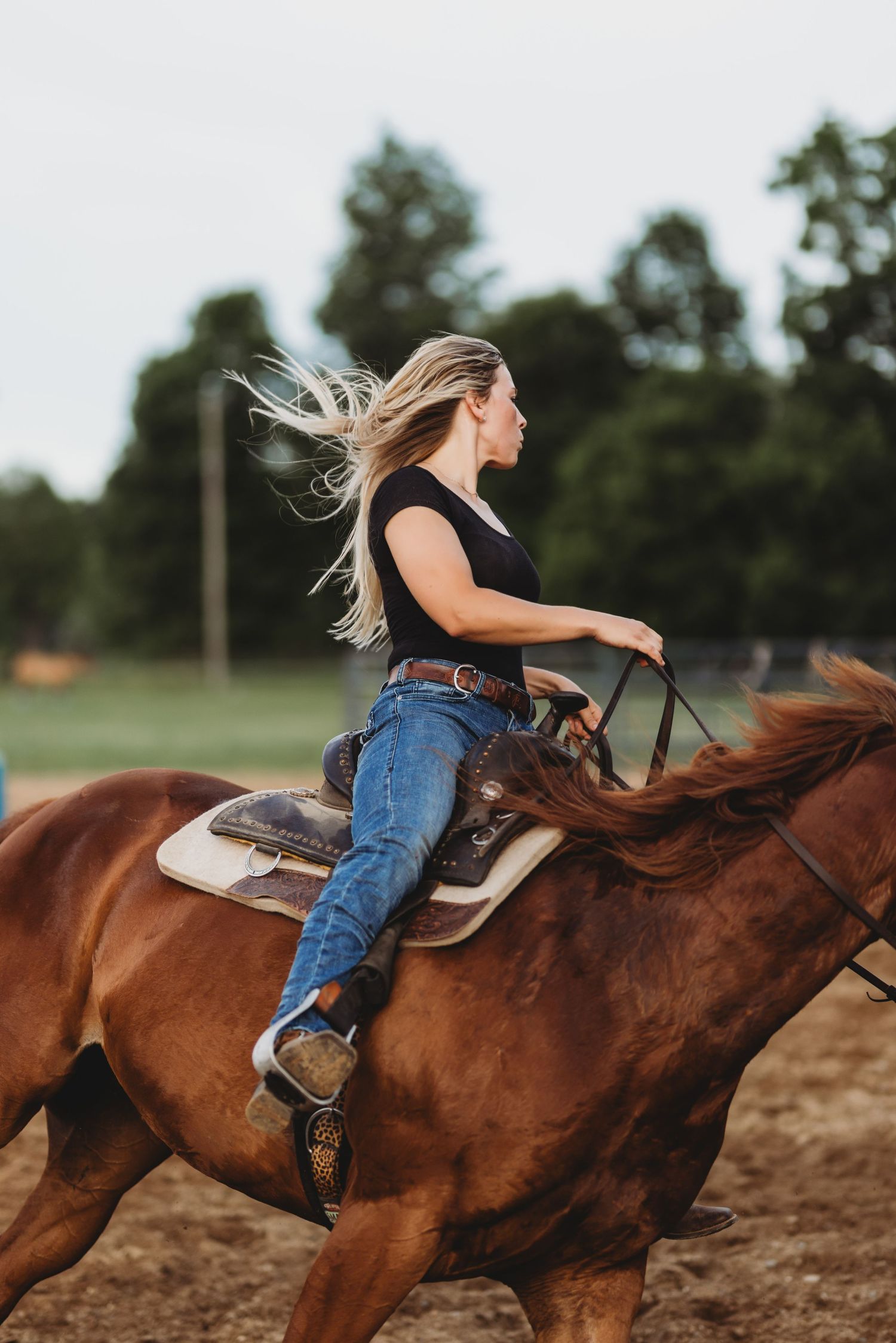 Blonde woman in jeans and black top riding a chestnut horse at full gallop, hair flowing in the wind.