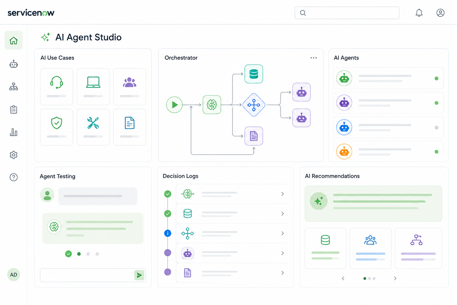 ServiceNow AI Agent Studio dashboard showing AI use cases, orchestration, agent testing, decision logs, AI agents, and recommendations.
