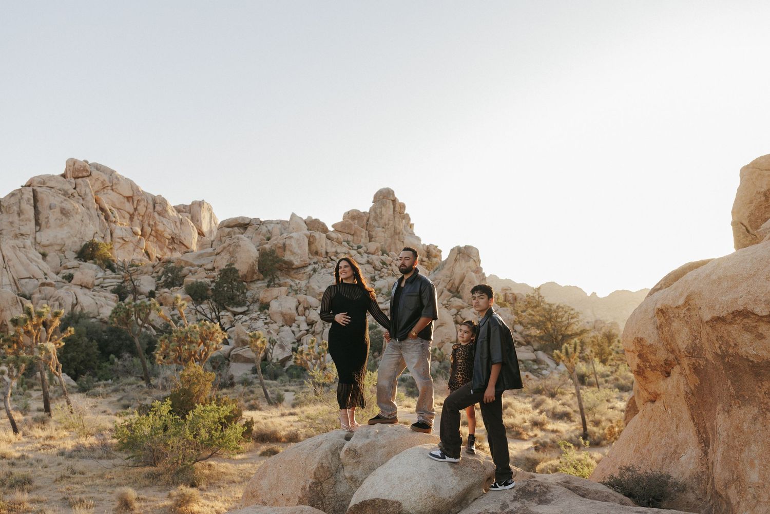 Family of four posing on desert rocks at Joshua Tree National Park with boulders and Joshua trees in background.
