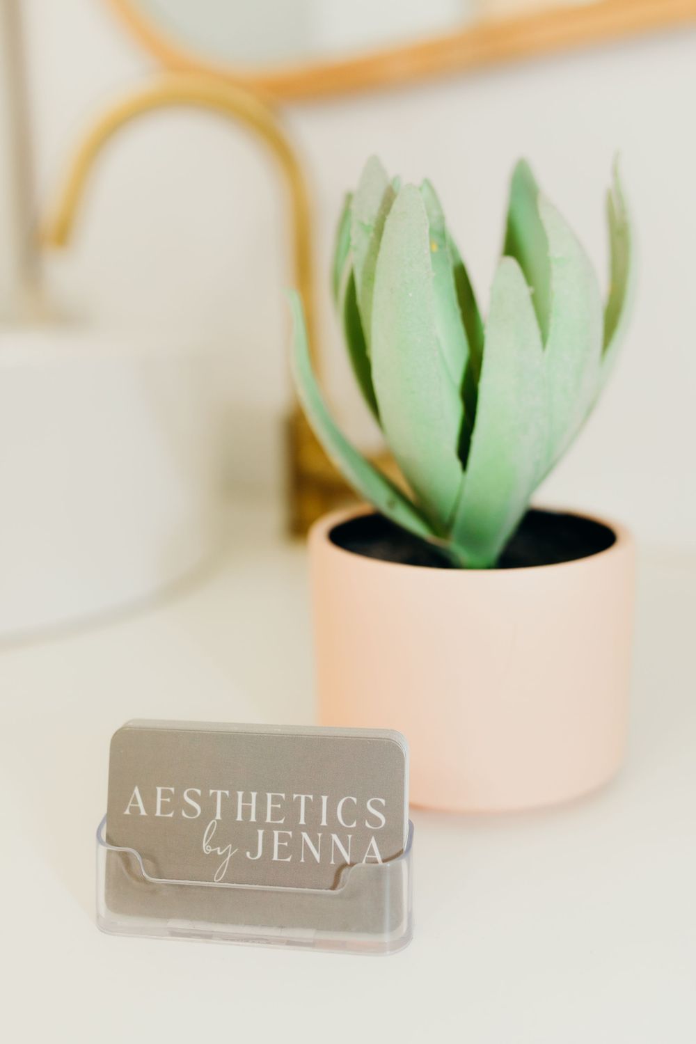 Aesthetics by Jenna business card holder beside succulent plant in pink pot.