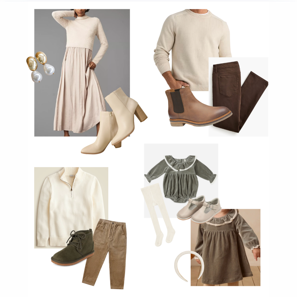 Neutral-toned children's clothing collection featuring tops, pants, dresses, and sets in beige, white, gray, and blue hues.