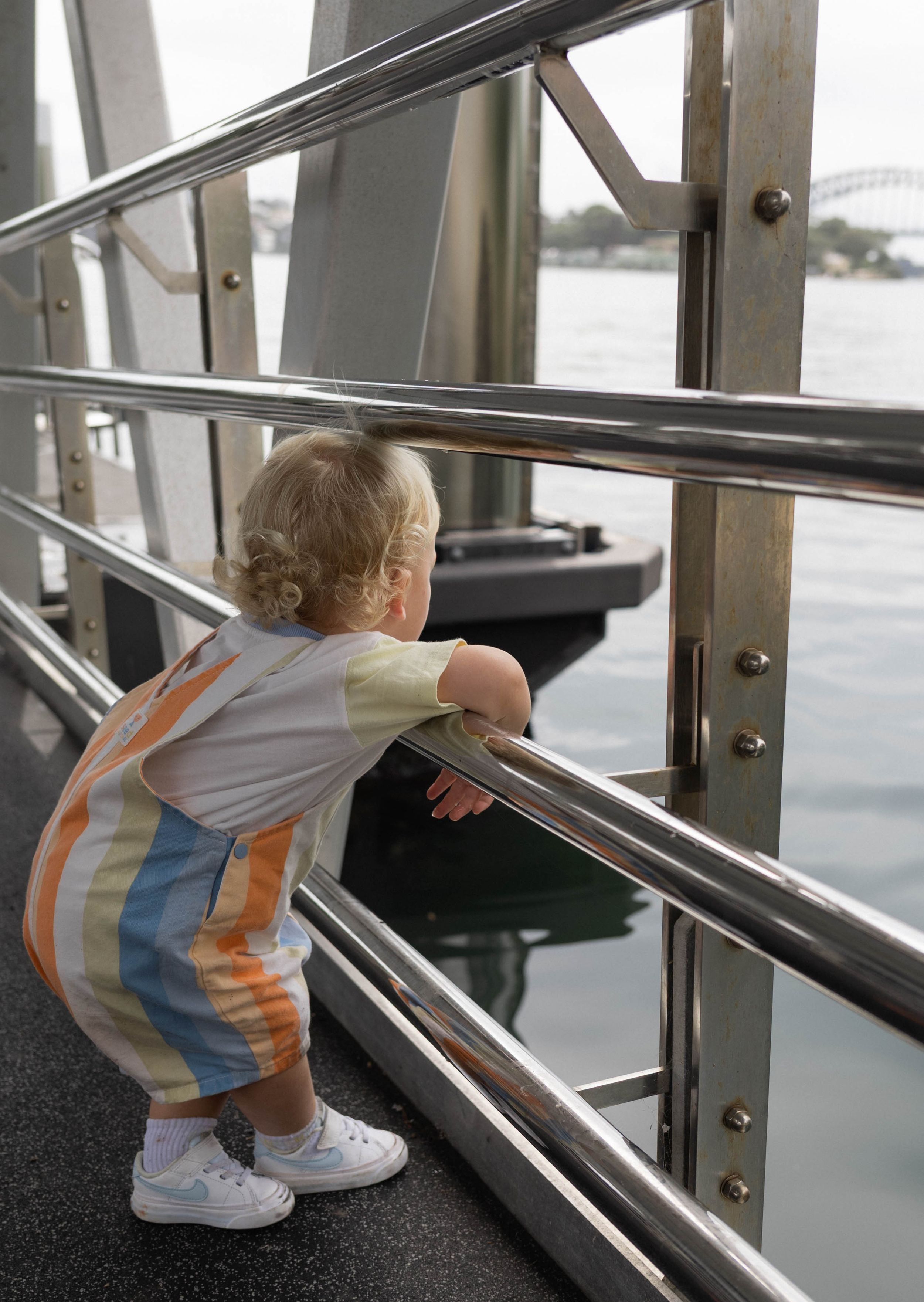 Toddler leans on steel railing at a waterfront dock gazing at the water.