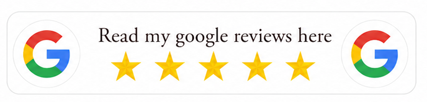 Google five-star rating badge with colorful G logos and gold stars encouraging readers to view Google reviews.