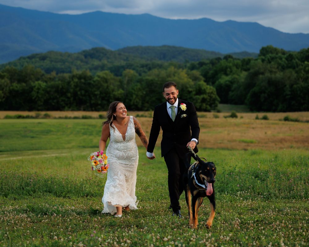 A bride and groom walk hand-in-hand with their Doberman dog in a green field with mountain views.