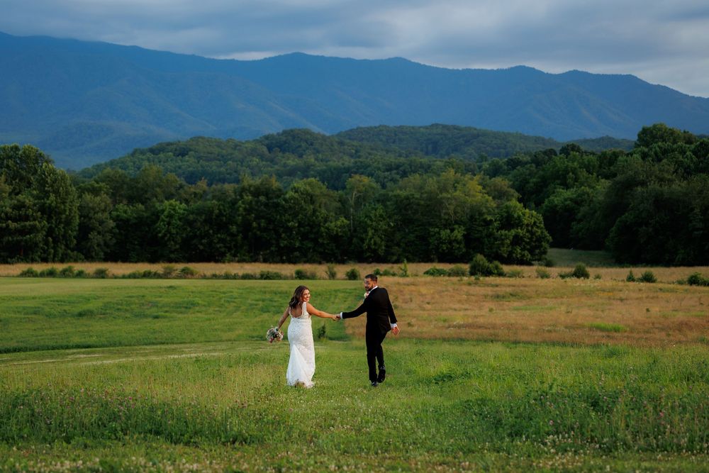 Bride and groom hold hands in open field with majestic mountain range in background.