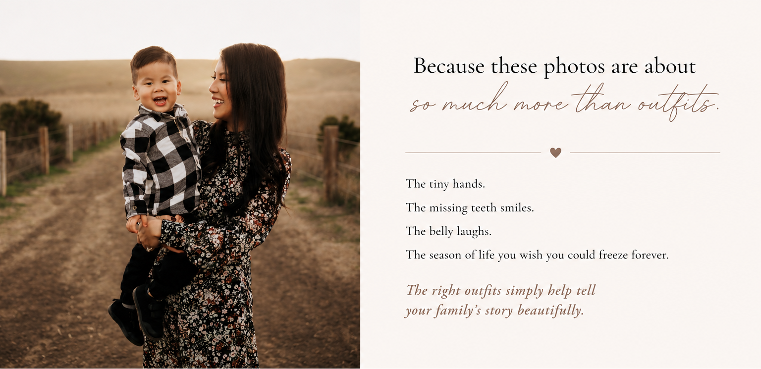 A mother holds her laughing toddler in a golden field, beside text about family photography capturing precious moments.