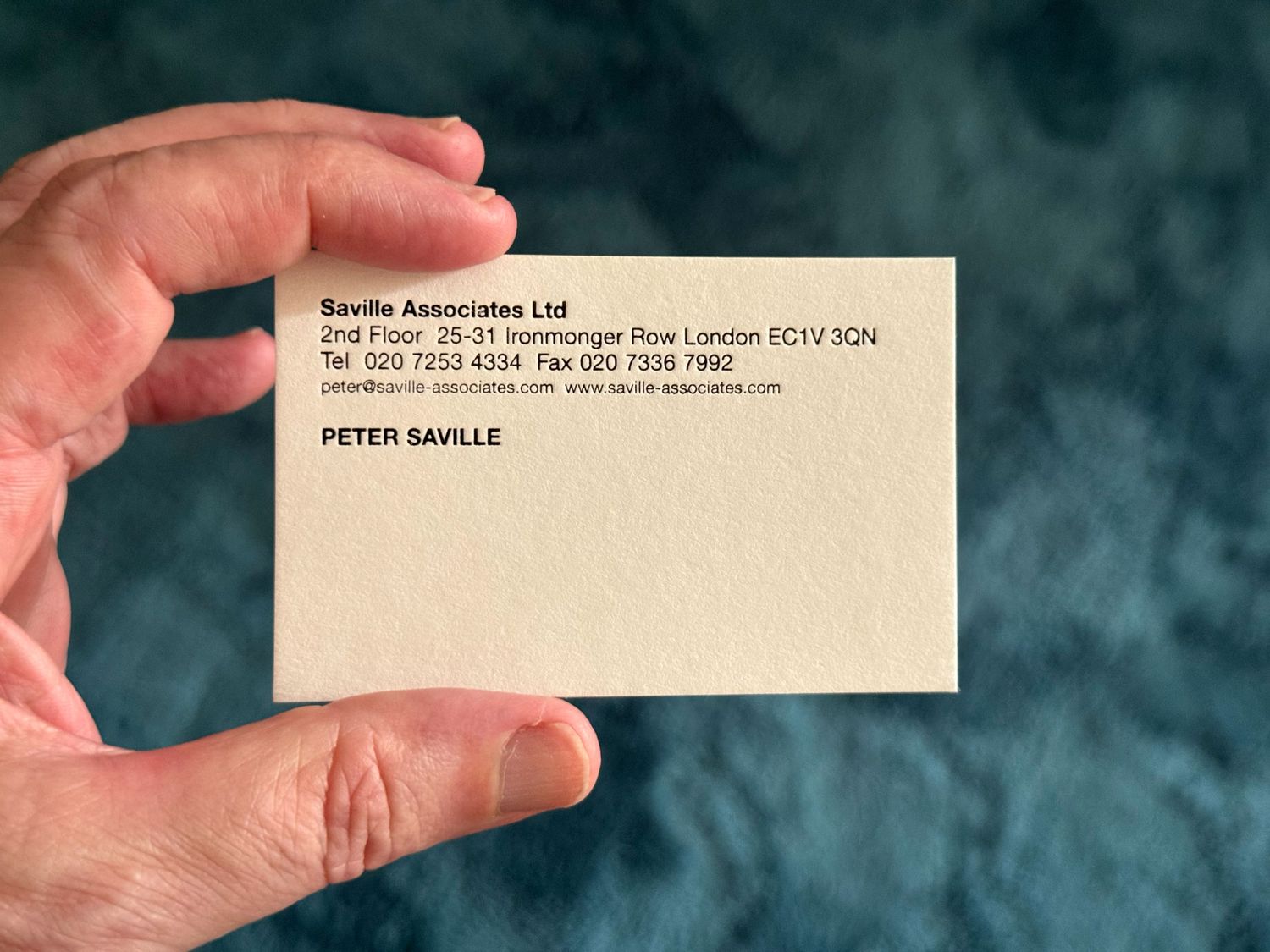 Business card for Peter Saville of Saville Associates Ltd, located at 2nd Floor, 25-31 Ironmonger Row, London EC1V 3QN.
