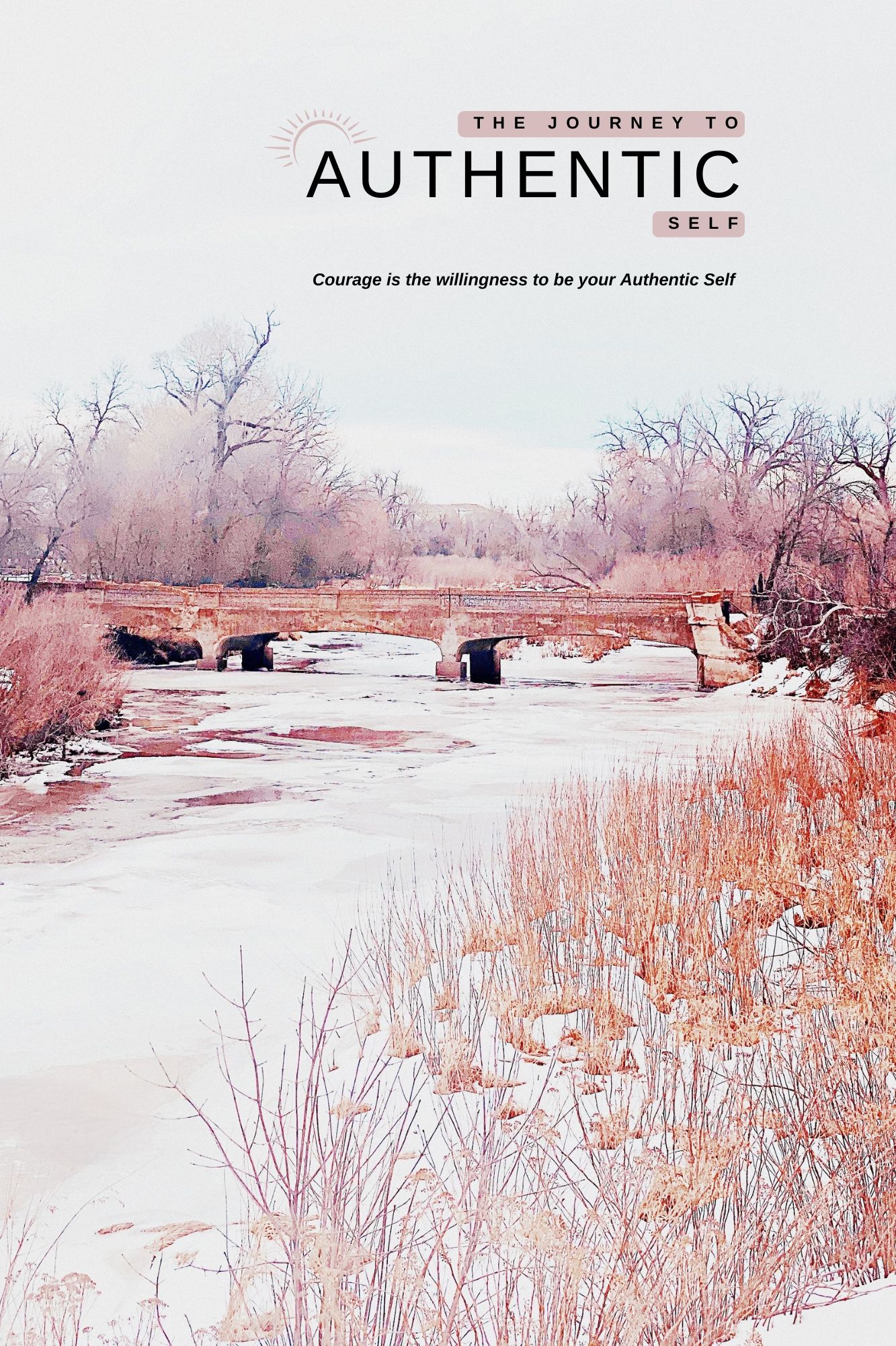 A frozen winter river with snow-covered banks, bare trees, and golden reeds under a soft pastel sky.