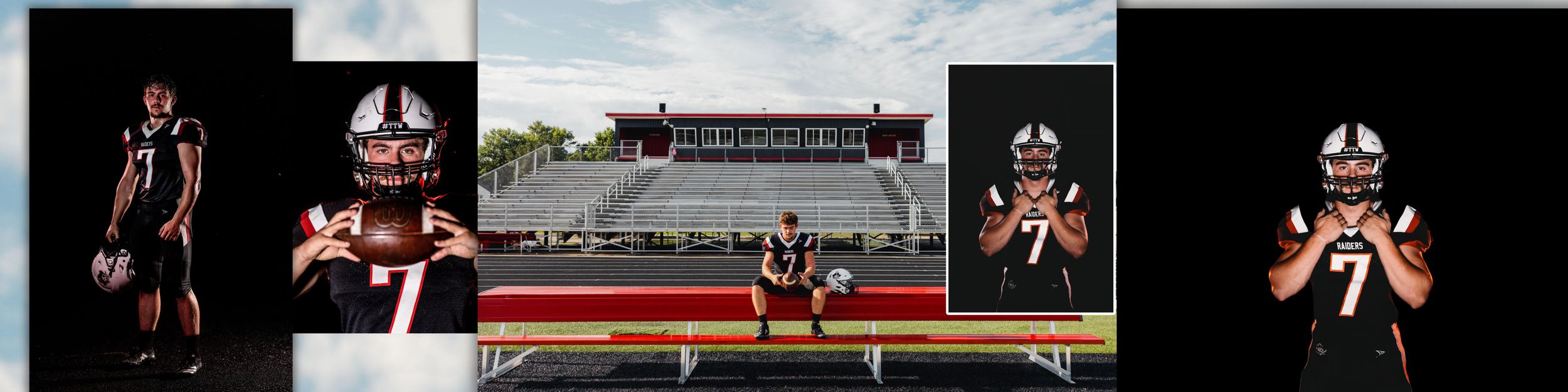 High school football player in black and red uniform number 7 poses for sports portrait photos on field.