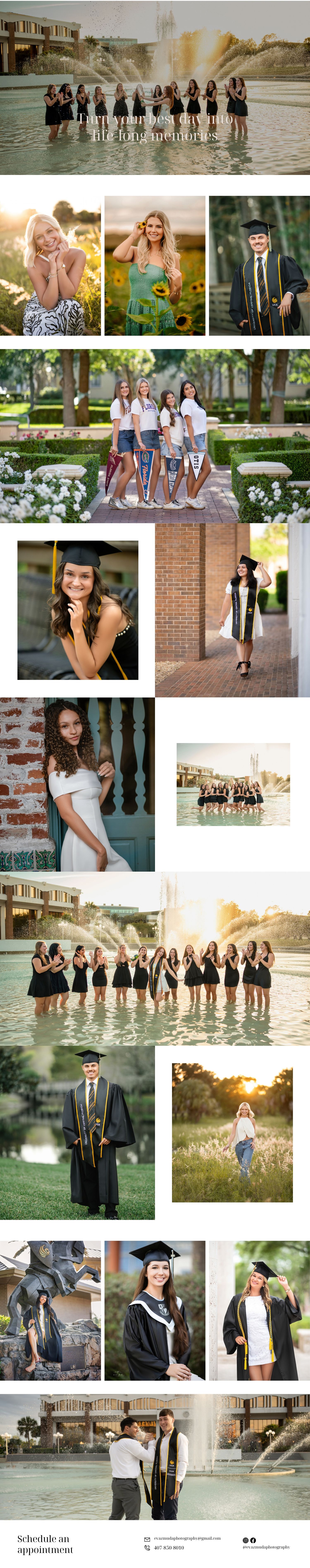 Graduation photo collage of seniors in caps, gowns and black dresses posing by sunlit fountains, sunflower fields and brick campus paths.