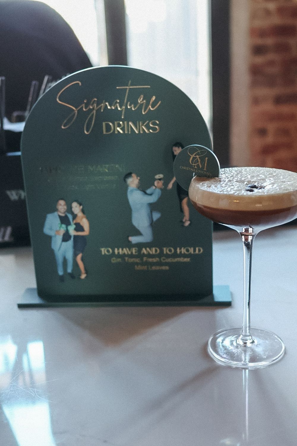 Signature cocktail and custom drink menu sign at an intimate wedding reception in Central NJ