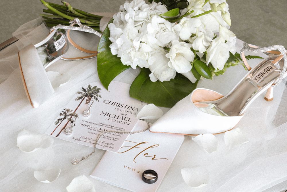 Wedding invitation suite with white hydrangeas and bridal heels, intimate wedding details in New Jersey