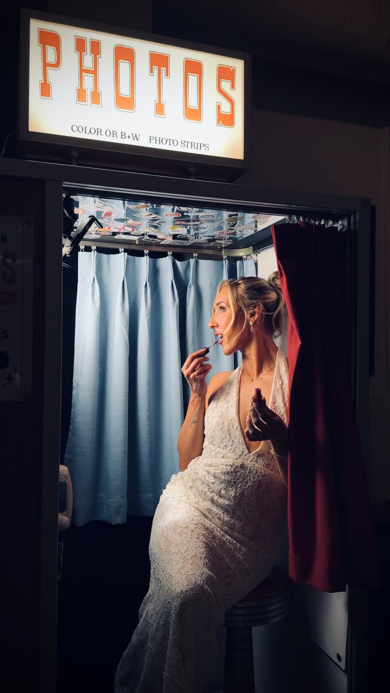 Bride in a retro enclosed photo booth, Calgary photo booth rental