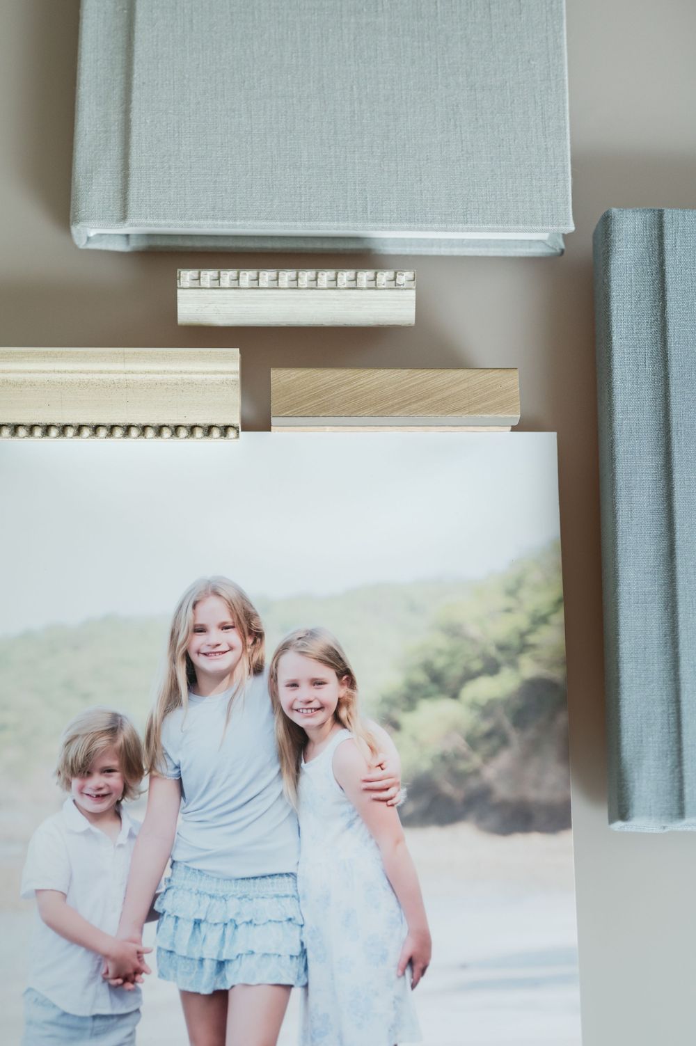 Three smiling children hug on a beach in a framed print, displayed beside gray linen photo albums and wood frame corner samples.