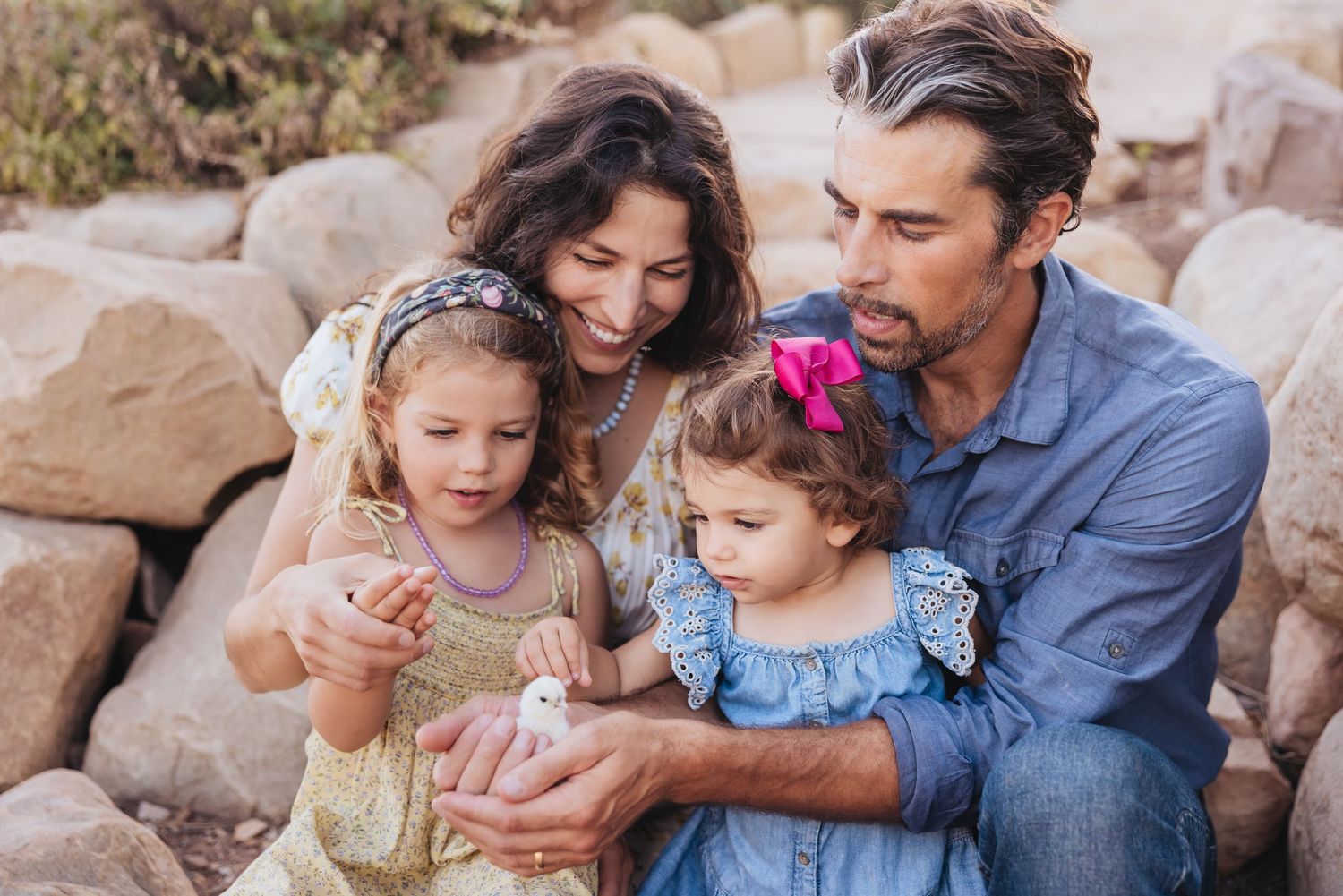 Smiling family of four sitting on rocks outdoors as two young girls hold a small white chick in their hands.