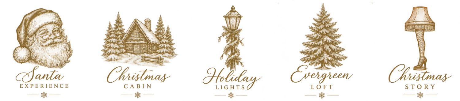 Gold-toned Christmas icons featuring Santa, a cabin, holiday lights, an evergreen tree, and a leg lamp with elegant script labels.