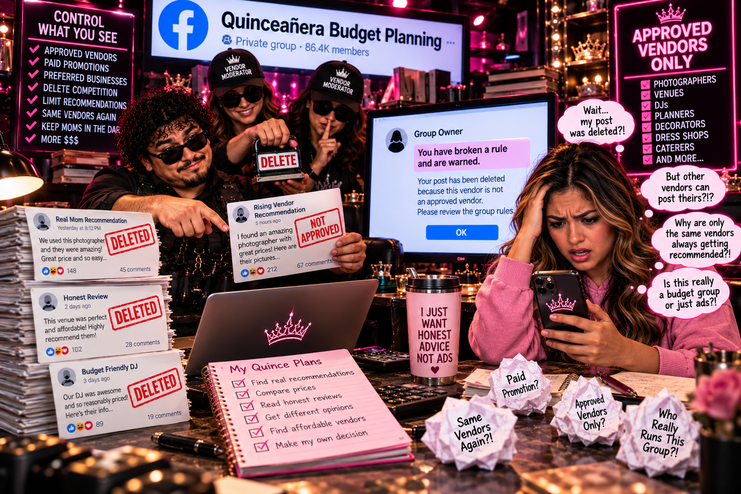 DFW quinceañera planning group promoting preferred vendors repeatedly while real moms struggle to compare affordable local photography