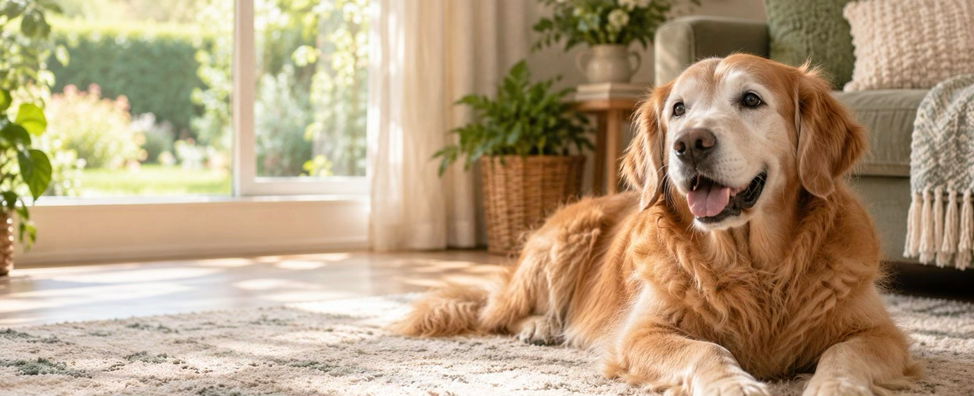 A happy golden retriever dog lying on a cozy rug in a bright living room with plants and natural sunlight.